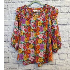 Umgee USA Womens Floral Smocked V Neck 3/4 Sleeve Blouse Top Large